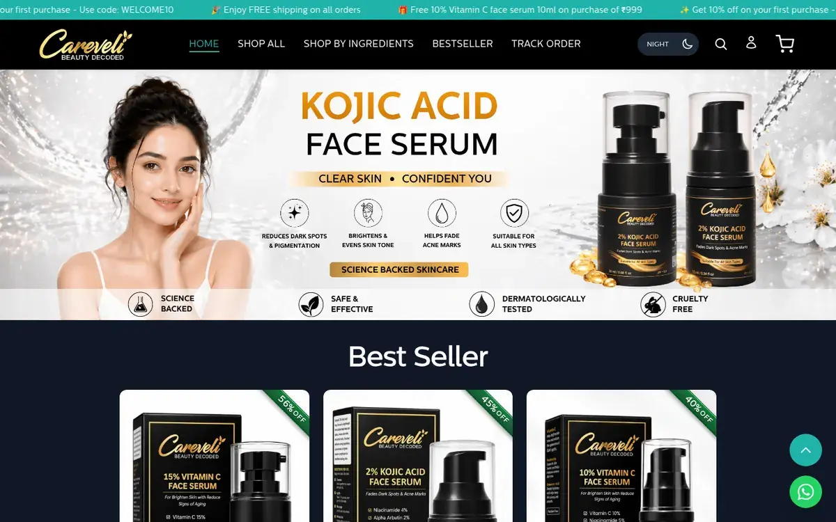 Careveli D2C skincare online store home page with Kojic Acid face serum banner and best-selling products