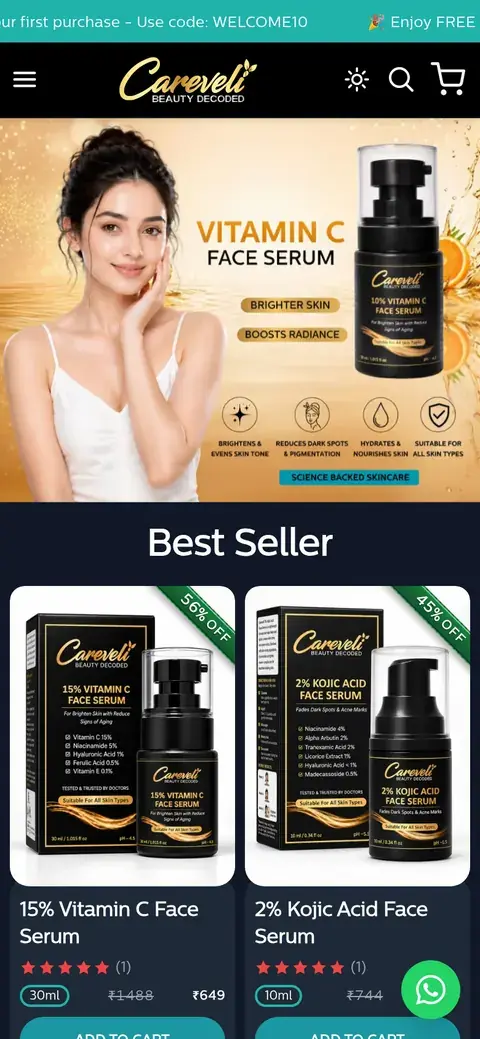 Careveli skincare store on a mobile phone showing the product banner and shop button